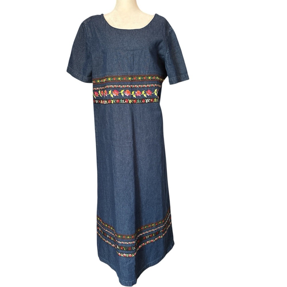 Bedford Fair Lifestyles Sz 14‎ Maxi Long Denim Dress Embroidered Floral Granny